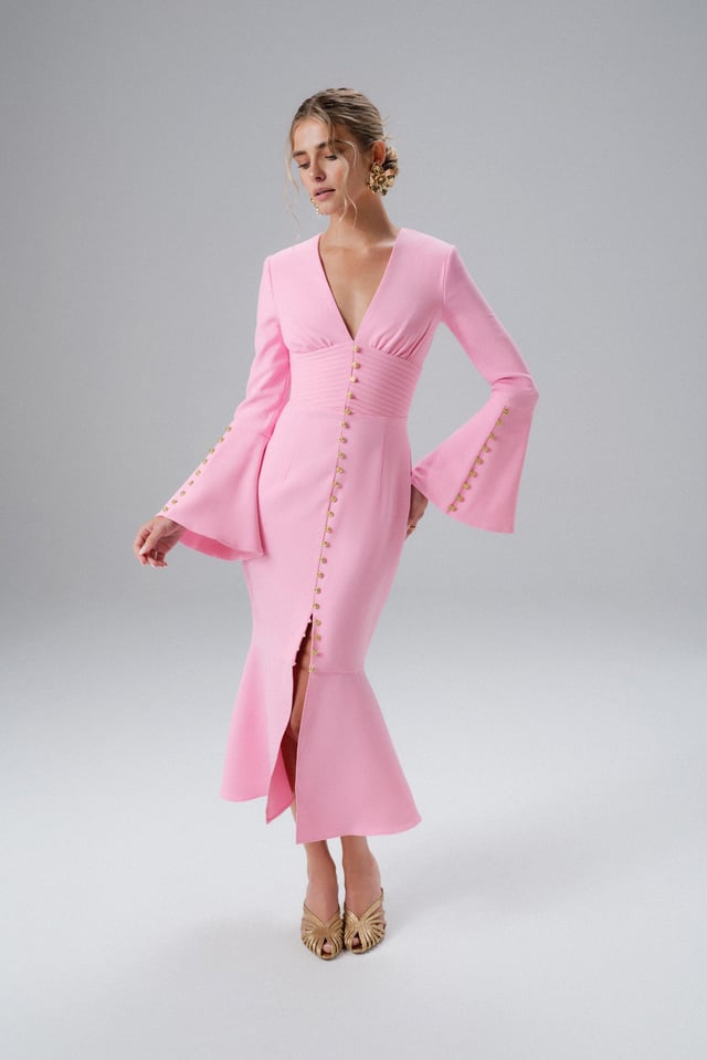 SALMA Fluted Sleeve Micro Rose Button Midi Dress in Pink
