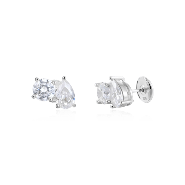 Moissanite Toi et Moi Stud Earrings – Round & Pear