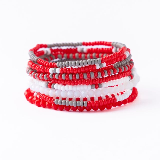 Game Day Beaded 10 Strand Stretch Bracelet Set Scarlet + Gray