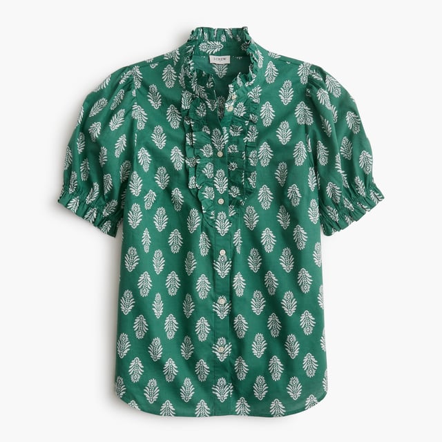 Printed ruffle-placket blouse