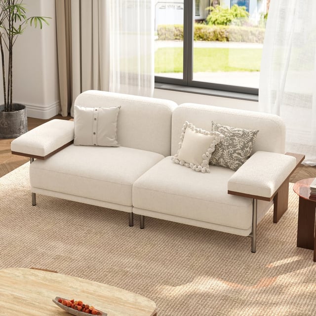 2 Seater Modular Sofa White Velvet with Ash Wood Frame
