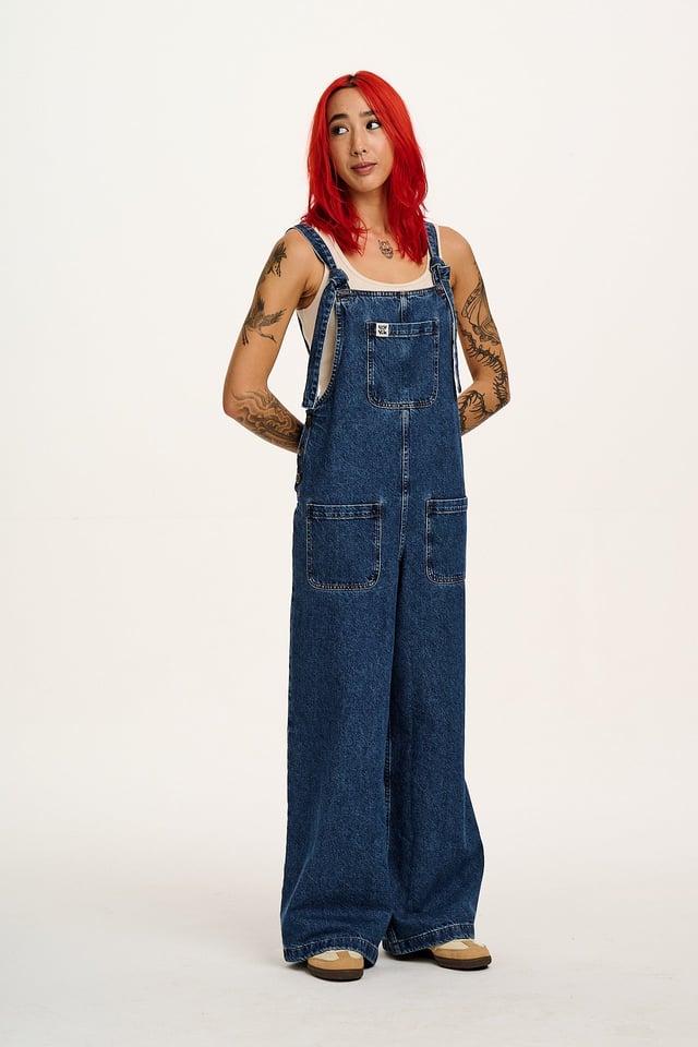 Ali - Baggy Waffle Cotton Dungarees in Blue Mist