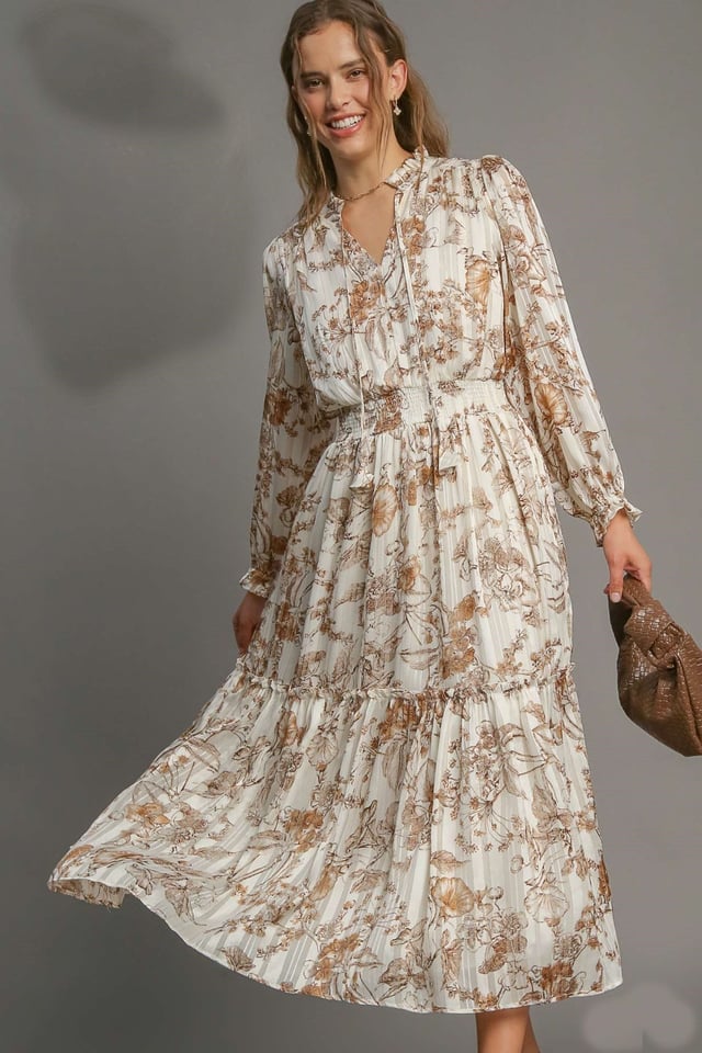Umgee Lurex Fabric Floral Print Midi Dress in Brown