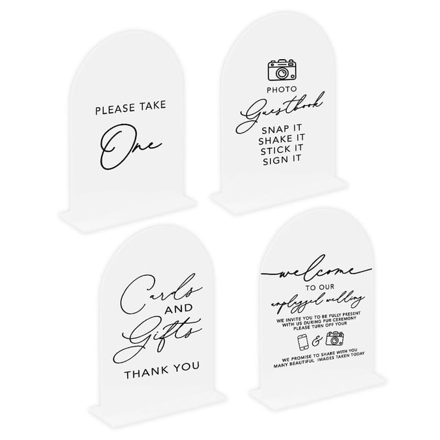 Set of 4 Arch Acrylic Wedding Signs with Stands for Ceremony, Reception, Guestbook, Cards, and Gifts