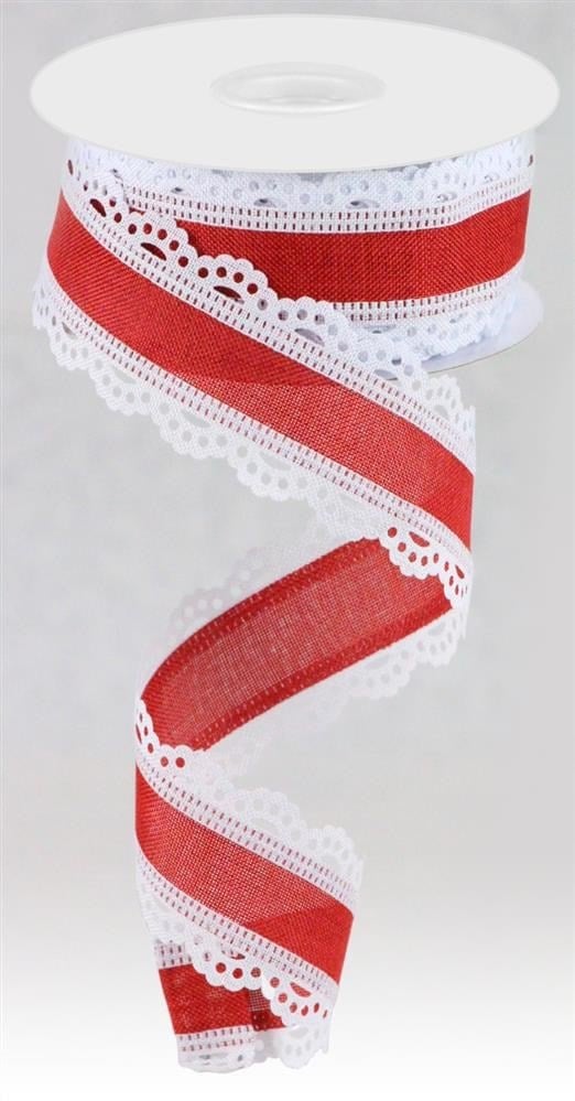 1.5" x 10yd Scalloped Edge Linen Ribbon - Red/White