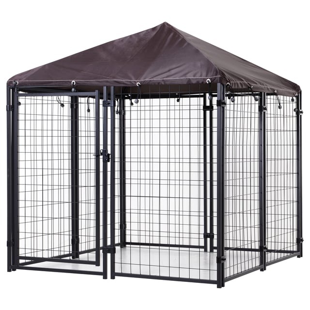 PawHut 4.6' x 4.6' x 5' Outdoor Dog Kennel, Walk-in Pet Playpen, Welded Wire Steel with Water and UV-Resistant Canopy, Black