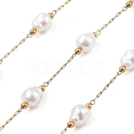 Ion Plating(IP) 304 Stainless Steel Paperclip Chains, Soldered, with ABS Imitation Pearl Beads, Oval, Real 18K Gold Plated, 7.5x6.5mm, about 16.40 Feet(5m)/Roll