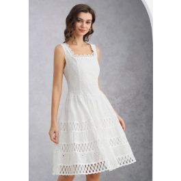 Geometric Eyelet Embroidered Square Neck Sleeveless Dress in White