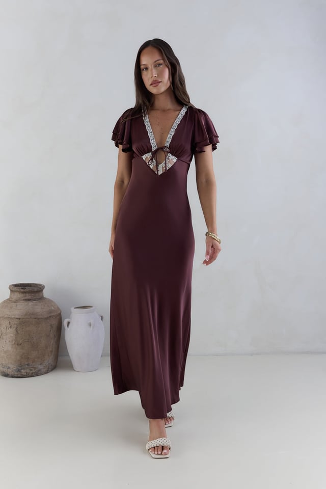 Postcard Dreams Satin Maxi Dress Brown