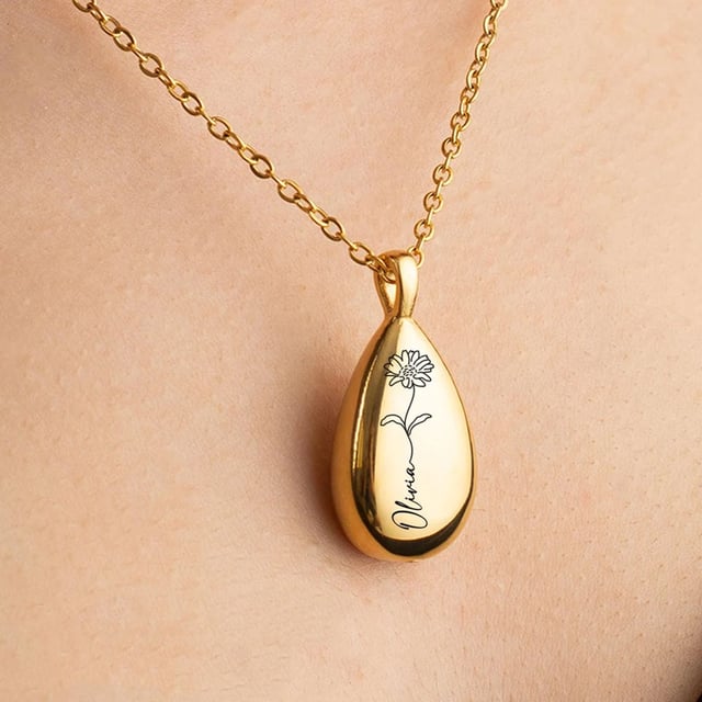 Personalized Name Teardrop Urn Necklace with Birth Flower, Cremation Jewelry, Memorial Keepsake, Sympathy Gift for Loss of Loved One/Family/Friends