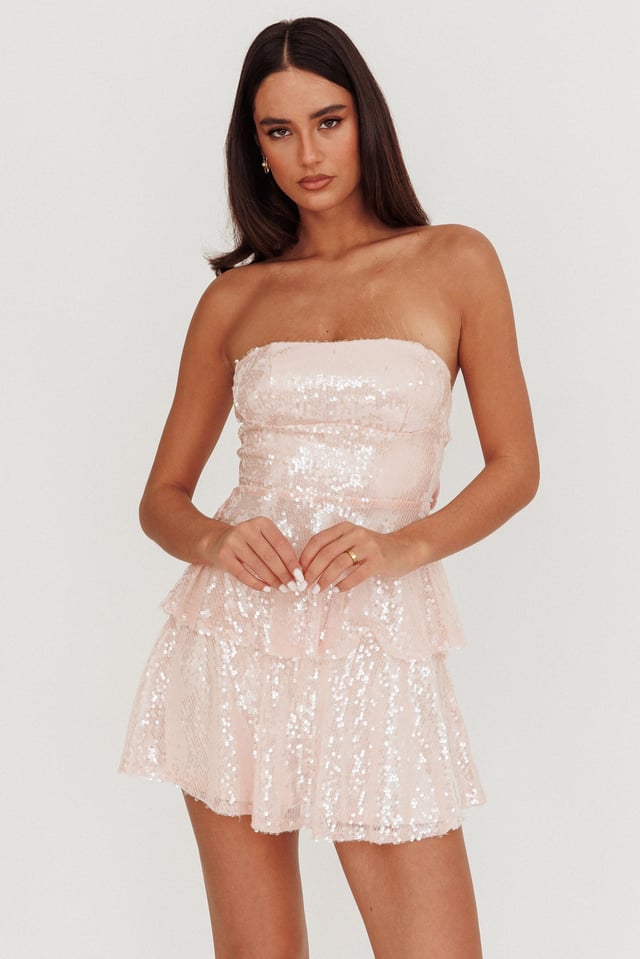 Provence Bloom Tiered Sequin Mini Dress Pink