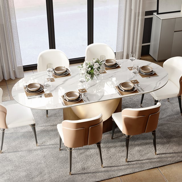 71"Hobart Modern Oval Dining Table for 4-6, White Oval Glossy Sintered Stone Kitchen Table, Bronze Carbon Steel Base