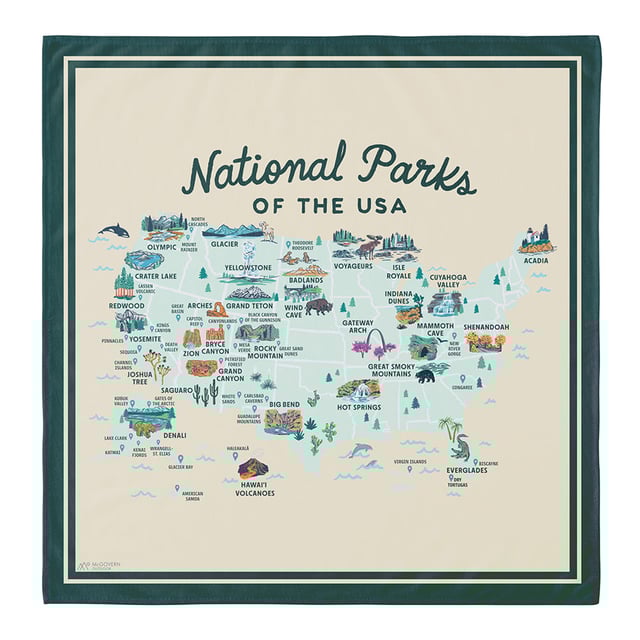 National Parks of the USA Illustrated Map Cotton Bandana