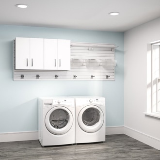 14 Piece Slatwall Panel, Top Cabinet, Shelf & Bin Hook Storage Set - White Slatwall / White Cabinets