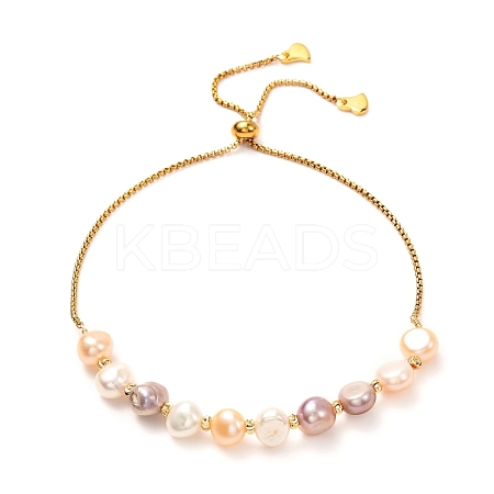 Natural Pearl Beads Adjustable Slider Bracelet for Girl Women Gift, Brass  Charms, 304 Stainless Steel Cubic Zirconia Box Chain Bracelet, Colorful, 0.79~3.23 inch(20~82mm)