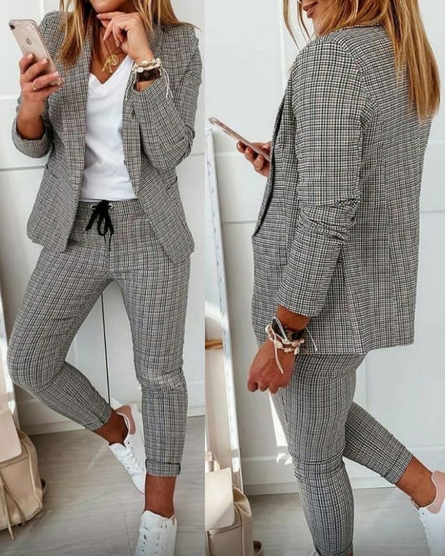 2 Piece Blazer Notched Collar Plaid Print Coat Drawstring Pants Set with Pockets Casual Suits