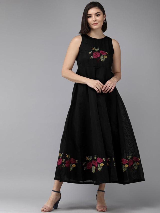 Women's Black Embroidered Chanderi Silk Maxi Dress