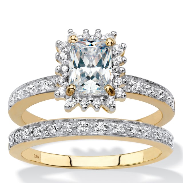 Emerald-Cut Created White Sapphire and Diamond 2-Piece Halo Wedding Ring Set 1.67 TCW in 18k Gold-plated Sterling Silver