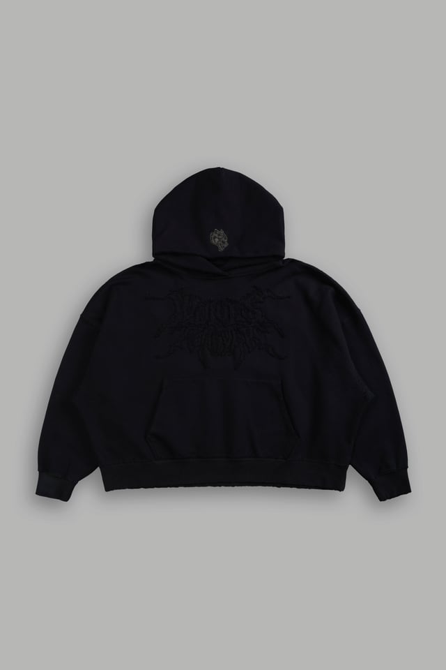 Forged From Iron Applique Destroyed Grunge Gage Box Cut Hoodie in Black