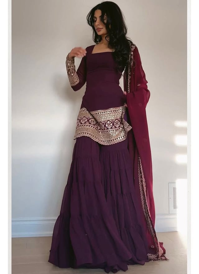 Women's Wine Georgette Salwar Suit With Dupatta