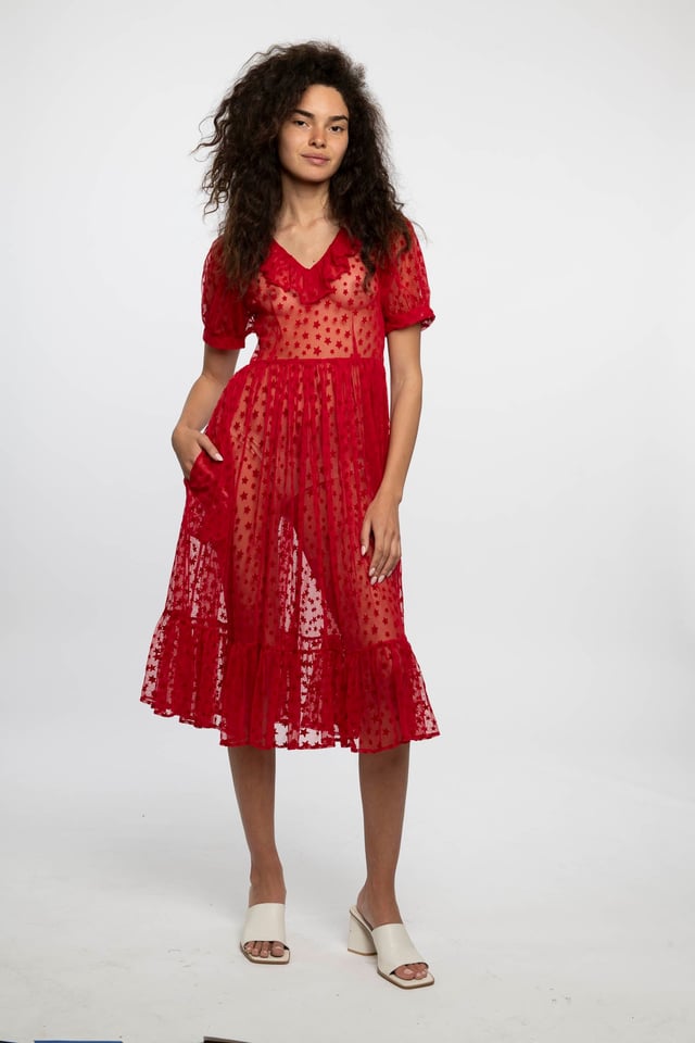Ruffle May Dress in Red Flocked Star