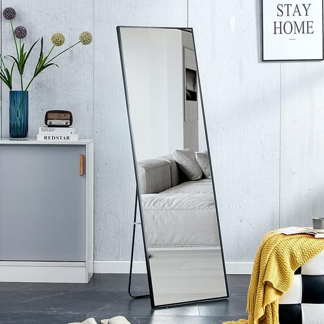 Full Length Floor Mirror 63x20, Aluminium Alloy Standup Body Mirror, Leaning / Wall Mounted Hanging Large Dressing Big for Bedroom, Bathroom Living Room Locker Room, Black