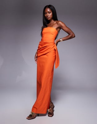 Vesper bengaline bandeau drape front detail maxi dress in orange