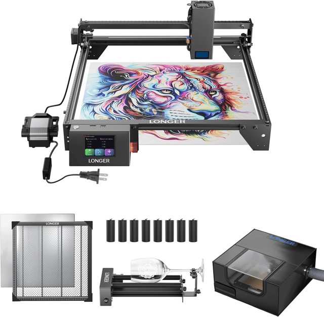 Longer RAY5 20W Laser Cutter and Laser Engraver for Tumblers, Rotary Roller Bundle, 17.3"x 17.3" Working Bed, Enclosure with Vent, and Air Pump Laser Engraver for Wood and Metal, Acrylic