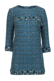 Chanel - Green Tweed Long Sleeve Shift Dress Sz 4