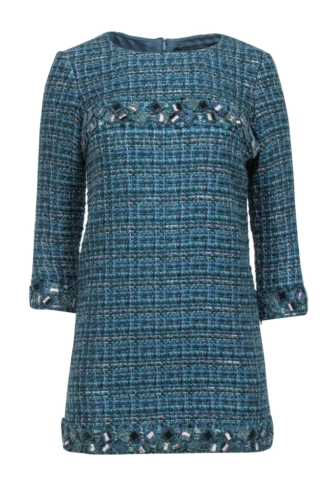 Chanel - Green Tweed Long Sleeve Shift Dress Sz 4