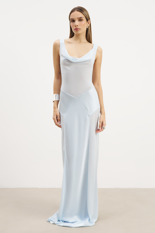Cowl Neck Satin Panel Gown - Powder Blue