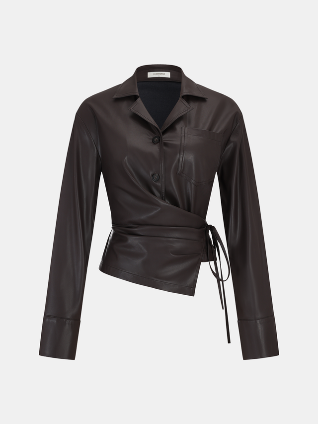Tie Waist Faux Leather Wrap Shirt