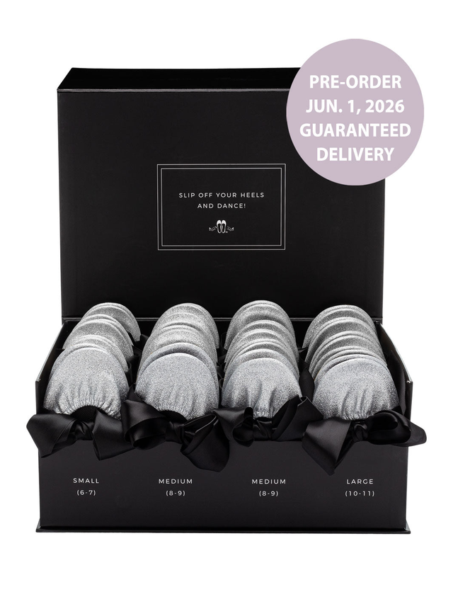 2026 June Pre-Order - 20 Pairs of Silver Glitter Rescue Flats (BLACK Display Box)
