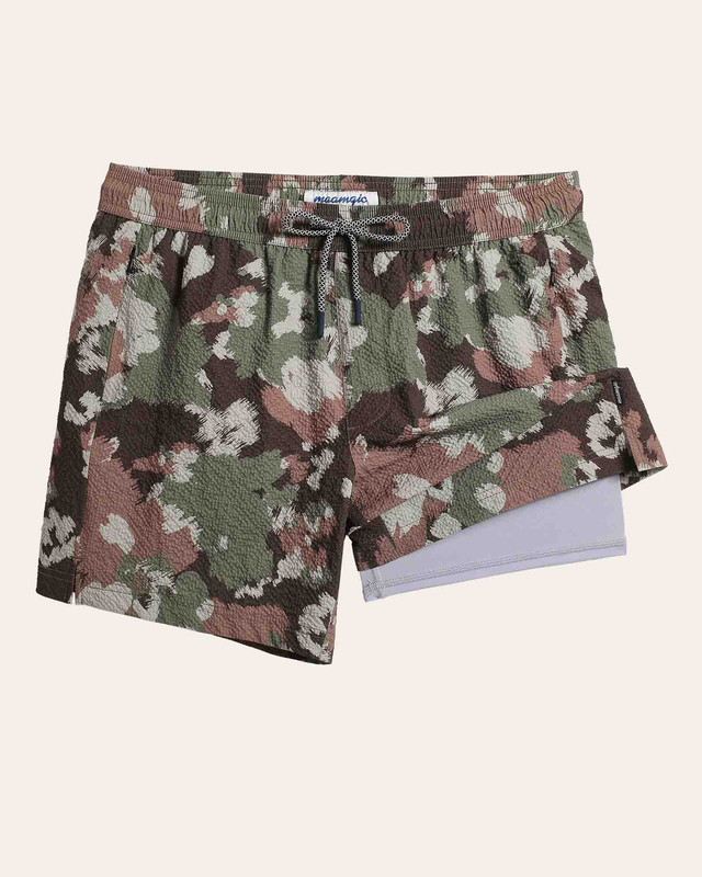 5.5 Inseam 2 in 1 Seersucker Short Liner Brown Camo Swim Shorts