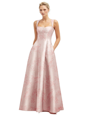 Floral Lace-Up Back Bustier Satin Dress with Full Skirt and Pockets