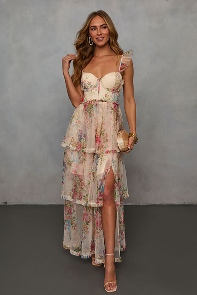 Floral Print Ruffled Straps Tiered Hem Slit Maxi Dresses-Beige [Pre Order]