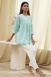 Aqua Cotton Straight Shirt-Style Short Kurta