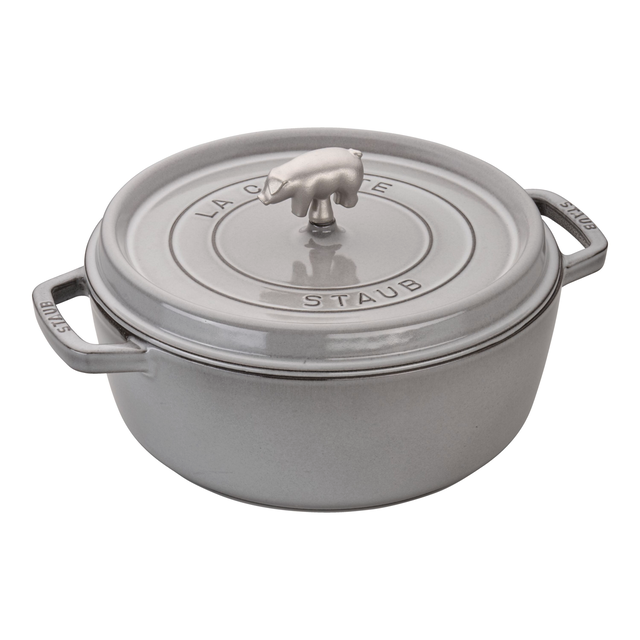 Staub Cast Iron - Shallow Cocottes 6 qt, Pig, Cochon Shallow Wide Round Cocotte, Graphite Grey