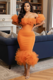 Off Shoulder Mesh Ruffle Slim-Fit Party Midi Dresses-Orange