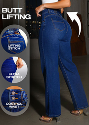 MX JEANS Butt Lift 3 Button Spandex Waist Straight Wide Leg Jeans Dark Blue