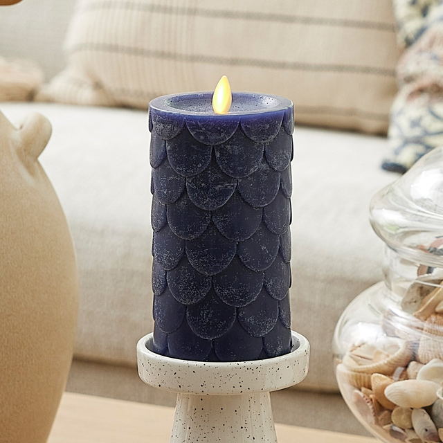 Midnight Blue Embossed Fish Scale Flameless Candle Pillar