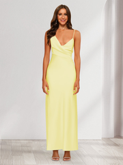 Sheath/Column V-Neck Ruched Ankle-Length Satin Evening Dresses