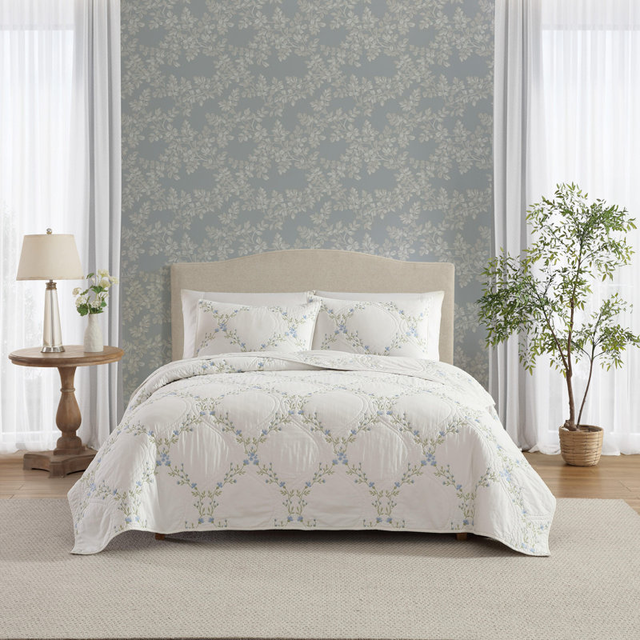 Laura Ashley Floral Embroidery Cotton Reversible Quilt Set