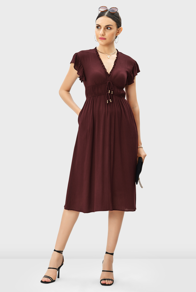 Rayon crinkle elastic tie-waist dress