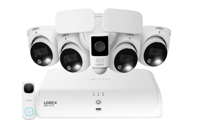 Lorex Fusion 4K+ 16 Channel (8 Wired + 8 Fusion Wi-Fi) 2TB NVR System with Four H13 Wired 4K IP Dome Cameras, One 2K Wired Doorbell, and One 2K Floodlight