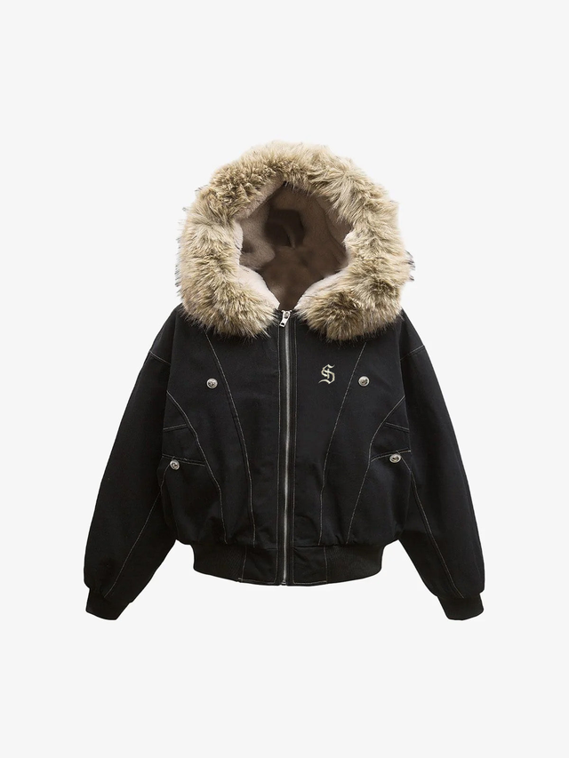 Faux Fur Lined Zip Up Hooded Bomber Jacket