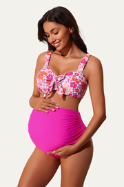Floral Ribbed Maternity Bikini Set with Stylish Crop Top