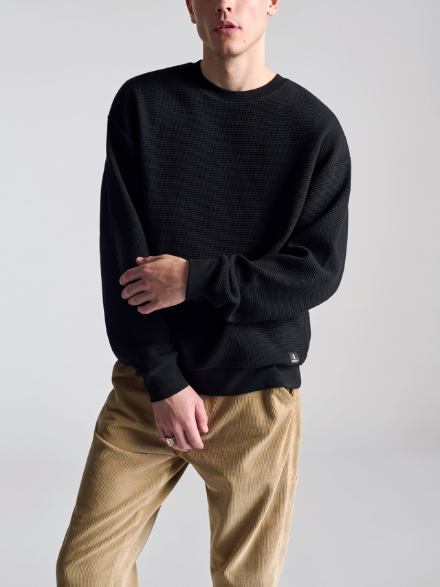 Men's Waffle Crew Neck Sweatshirt In Black