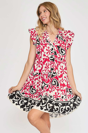 Umgee Bold Floral Print Tiered Mini Dress in Cherry Red