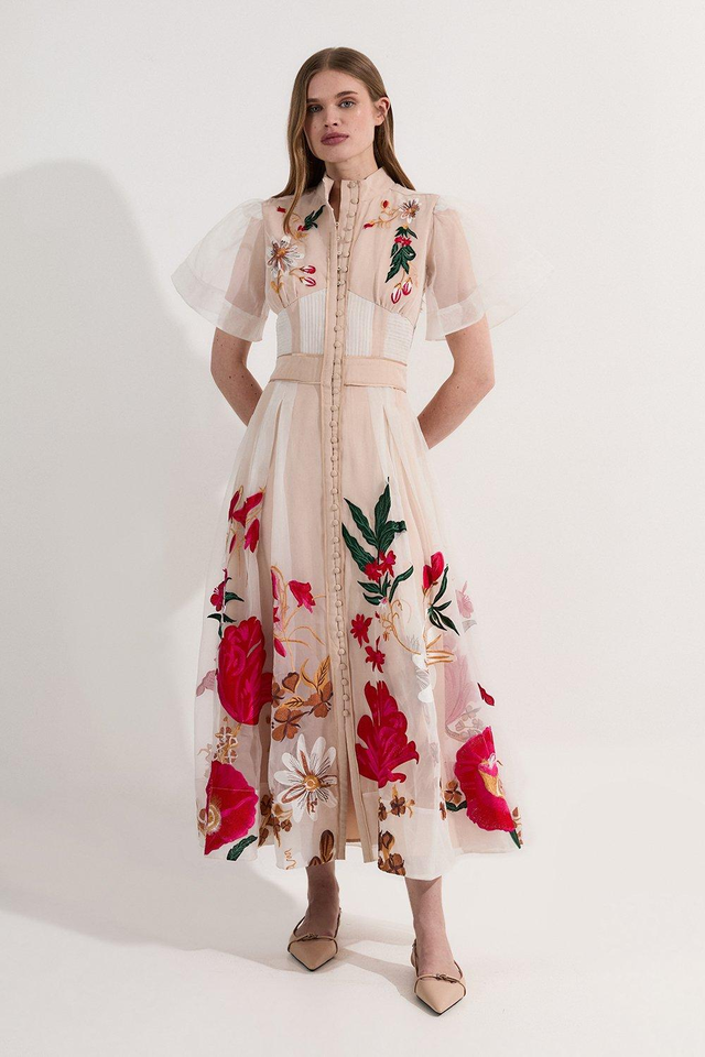 Botanical Embroidery Organdie Angel Sleeve Midi Dress | Karen Millen